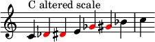  {
\override Score.TimeSignature #'stencil = ##f
\relative c' { 
  \clef treble \time 7/4 c4^\markup { C altered scale }
  \override NoteHead.color = #red des dis
  \override NoteHead.color = #black e
  \override NoteHead.color = #red ges gis
  \override NoteHead.color = #black bes c
  }
}
