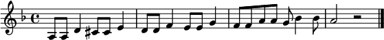 \relative c' { \key f \major \time 4/4 \tempo 4 = 180 \set Score.tempoHideNote = ##t \autoBeamOff a8[ a8] d4 cis8[ cis8] e4 | d8[ d8] f4 e8[ e8] g4 | f8[ f8 a8 a8] g8 bes4 bes8 | a2 r2 | \bar "|." }