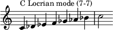  {
\override Score.TimeSignature #'stencil = ##f
\relative c' { 
  \clef treble \time 7/4
  c4^\markup { C Locrian mode (7-7) } des es f ges aes bes c2

} }
