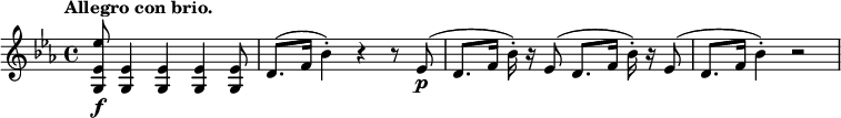 
\relative c'' \new Staff {
 \key es \major \time 4/4 \set Score.tempoHideNote = ##t \tempo "Allegro con brio." 4=144
 <es es, g,>8\f <es, g,>4 q q q8 d8.( f16 bes4-.) r r8 es,\p (
 d8.( f16 bes-.) r es,8( d8. f16 bes-.) r es,8( d8.( f16 bes4-.) r2
}
