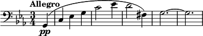 
\relative c {
 \clef bass
 \key c \minor
 \time 3/4
 \tempo "Allegro"
 \tempo 2. = 80
 \set Staff.midiInstrument = #"cello"
 \set Score.tempoHideNote = ##t 
 \partial 4 g(\pp | c ees g | c2 ees4 | d2 fis,4) | g2.~ | g2.
}
