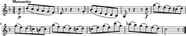 
  \relative c' {
  \version "2.18.2"
  \key f \major
  \time 3/4
  \tempo "Menuetto"
  \partial 8 c'8-.\p d (c bes a g f) 
  e r8 r4 r8 g-.
  bes (g e d c bes) 
  a r8 r4 r8 c'8-.\f
  a' (f) e (d) cis (d)
  g (e) d (c!) b (c)
  a' (f) e (d) cis (d)
  c! (e) g (e) c' (g)
  bes! (a) g (f) e (d)
  c2 r8 \bar ":|."
}
