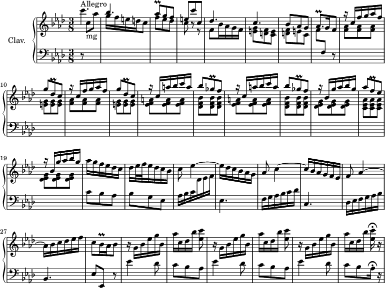 
\version "2.18.2"
\header {
  tagline = ##f
  % composer = "Domenico Scarlatti"
  % opus = "K. 184"
  % meter = "Allegro"
}

%% les petites notes
trillAesq      = { \tag #'print { aes8\prall } \tag #'midi { bes32 aes bes aes } }
trillAesqp     = { \tag #'print { aes8.\prall } \tag #'midi { bes32 aes bes aes~ aes16 } }
trillDesq      = { \tag #'print { des8\prall } \tag #'midi { ees32 des ees des } }
trillGesq      = { \tag #'print { ges8\prall } \tag #'midi { aes32 ges aes ges } }
trillBesqq     = { \tag #'print { bes16\prall } \tag #'midi { \times 2/3 { bes32 c bes } } }
trillFq        = { \tag #'print { f8\prall } \tag #'midi { g32 f g f } }

upper = \relative c'' {
  \clef treble 
  \key f \minor
  \time 3/8
  \tempo 4. = 74
  \set Staff.midiInstrument = #"harpsichord"
  \override TupletBracket.bracket-visibility = ##f

      s8*0^\markup{Allegro}
      c'4. | \stemUp bes | \trillAesq g8 f | e c' c, | des4. | c | 
      % ms. 7
      bes8 aes g | \trillAesqp \tempo 4. = 45 g16 \tempo 4. = 30 f8 | \tempo 4. = 74 \repeat unfold 2 { r16 c'16 f g aes f | g8 \trillDesq c8 } |
      % ms. 13
      \repeat unfold 2 { r16 c16 a' bes c a | bes8 \trillGesq f8 } | r16 bes,16 g' aes bes g | aes8 \trillFq ees8 | r16 bes16 g' aes bes g |
      % ms. 19
      \stemNeutral aes g f ees des c | des16 ees32 f ees16 des c bes | c8 ees4~ | ees16 des c bes aes g | aes8 c4~ | c16 bes aes g f ees | f8 aes4~ |
      % ms. 27
      aes16 bes c des ees f | c8 \trillBesqq \tempo 4. = 45 aes16 \tempo 4. = 30 bes8 | \tempo 4. = 74 \repeat unfold 2 { r16 g16 bes ees g bes, | aes'[ c, des bes'] < ees, c' >8 } | r16 g,16 bes ees g bes, |
      % ms. 34
      aes'[ c, des bes'] \tempo 4. = 30 < ees, c' >16\fermata r16 |

}

lower = \relative c' {
  \clef bass
  \key f \minor
  \time 3/8
  \set Staff.midiInstrument = #"harpsichord"
  \override TupletBracket.bracket-visibility = ##f

    % ************************************** \appoggiatura a16  \repeat unfold 2 {  } \times 2/3 { }   \omit TupletNumber 
      r8 \stemDown \change Staff = "upper" c'8-\markup{mg} aes' | g16 f e d c8 | f8 ees des | c8 r8 r8 | f,8 bes16 aes g f | < e g >8 < d f > < c e > | 
      % ms. 7
      < d f >8 e c | f \stemUp \change Staff = "lower"  f, r8 \stemDown \change Staff = "upper" \repeat unfold 2 { < f' aes >8 q q | < e g > q q } | 
      % ms. 13
      \repeat unfold 2 { < ees f a >8 q q | < des f bes > q q } | < des ees g > q q | < c ees aes > q q | < des ees g > q q | \stemNeutral \change Staff = "lower" c8 bes aes |
      % ms. 21
      bes8 g ees | aes16 bes c \stemDown \change Staff = "upper" des ees f | \stemNeutral \change Staff = "lower"  ees,4. | f16 g aes bes c des | c,4. | des16 ees f g aes bes |
      % ms. 27
      bes,4. | ees8 ees, r8 | \repeat unfold 2 { ees''4 des8 | c8 bes aes } | ees'4 des8 |
      % ms. 34
      c8 bes aes16\fermata r16 |

}

thePianoStaff = \new PianoStaff <<
    \set PianoStaff.instrumentName = #"Clav."
    \new Staff = "upper" \upper
    \new Staff = "lower" \lower
  >>

\score {
  \keepWithTag #'print \thePianoStaff
  \layout {
      #(layout-set-staff-size 17)
    \context {
      \Score
     \override SpacingSpanner.common-shortest-duration = #(ly:make-moment 1/2)
      \remove "Metronome_mark_engraver"
    }
  }
}

\score {
  \keepWithTag #'midi \thePianoStaff
  \midi { }
}
