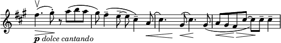 
\relative c'' \new Staff \with { \remove "Time_signature_engraver" } {
 \set Score.tempoHideNote = ##t \tempo "" 4=132 \key a \major \time 4/4
 fis4.\upbow _\markup { \dynamic p \italic { dolce cantando } } \> (
 gis8-.\! ) r a( b a gis) fis4--( e8--~ e cis4--)
 \shape #'((0 . 1.5) (0 . 1.5) (0 . 1.5) (0 . 0.5)) Slur a8\< (
 cis4.*1/3) \once \hideNotes cis4\!
 \shape #'((0 . 2) (0 . 1.5) (0 . 1.5) (0 . 0.5)) Slur gis8\<(
 cis4.\! ) gis8_( a\< gis fis\> cis'~ cis\! ) cis-- cis4--
}
