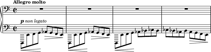 
 \relative c,, {
  \new PianoStaff <<
   \new Staff { \key c \major \set Score.tempoHideNote = ##t \tempo "Allegro molto" 2=124 \time 2/2 \clef bass
    R1 R R R
   }
   \new Dynamics {
    s4-\markup{ \dynamic p \italic { non legato } }
   }
   \new Staff { \key c \major \time 2/2 \clef bass
    \stemDown d8_\< e' f g\! \stemUp aes_\> g f e\! \stemDown d,_\< e' f g\! \stemUp aes_\> g f e\!
    \stemDown d,_\< e' f g\! aes bes ces bes ces bes aes bes aes_\> g f e\!
   }
  >>
 }
