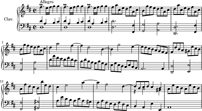 
\version "2.18.2"
\header {
  tagline = ##f
  % composer = "Domenico Scarlatti"
  % opus = "K. 511"
  % meter = "Allegro"
}

%% les petites notes
trillFisp     = { \tag #'print { fis4.\prall } \tag #'midi { g32 fis g fis~ fis4 } }

upper = \relative c'' {
  \clef treble 
  \key d \major
  \time 2/2
  \tempo 2 = 92
  \set Staff.midiInstrument = #"harpsichord"
  \override TupletBracket.bracket-visibility = ##f

      s8*0^\markup{Allegro}
      \repeat unfold 3 { \trillFisp e16 fis g4 g } | fis8 a cis, e d fis a, cis |
      % ms. 5
      b8 g' fis e d e a, cis | d a' cis, e d fis a, cis | b g' fis e d e a, cis | d4 a'2 fis4~ |  fis d2 b4~ |
      % ms. 10
      b4 g'2 e4~ | e8 d cis b a g fis e  | fis d' b a gis e' cis b | a fis' d cis b b' e, d |
      % ms. 14
      cis4 e2 a4~ | a fis2 << { \stemDown d4~ \stemUp | d8 b cis d cis4 b } \\ { s4 r4 a2 gis4 } >> | a8 e' cis b a e' cis b |
      % ms. 18
      
}

lower = \relative c' {
  \clef bass
  \key d \major
  \time 2/2
  \set Staff.midiInstrument = #"harpsichord"
  \override TupletBracket.bracket-visibility = ##f

    % ************************************** \appoggiatura a16  \repeat unfold 2 {  } \times 2/3 { }   \omit TupletNumber 
      \repeat unfold 3 { << { d4 a b cis } \\ { d,1 } >> } | < d d' >2. < fis, fis' >4
      % ms. 5
      < g g' >2 < a a' > | < d, d' >2. < fis fis' >4 | < g g' >2 < a a' > | d'8 a' fis e d fis d cis | b d b a g b g fis |
      % ms. 10
      e8 g e d cis e cis b | a2. a4 | < d, d' >2 < e e' > | < fis fis' > < gis gis' >
      % ms. 14
      a'8 e' cis b a cis a gis | fis a fis e d fis d cis | b4 a e' e, | a1 |
      % ms. 18
      

}

thePianoStaff = \new PianoStaff <<
    \set PianoStaff.instrumentName = #"Clav."
    \new Staff = "upper" \upper
    \new Staff = "lower" \lower
  >>

\score {
  \keepWithTag #'print \thePianoStaff
  \layout {
      #(layout-set-staff-size 17)
    \context {
      \Score
     \override SpacingSpanner.common-shortest-duration = #(ly:make-moment 1/2)
      \remove "Metronome_mark_engraver"
    }
  }
}

\score {
  \keepWithTag #'midi \thePianoStaff
  \midi { }
}
