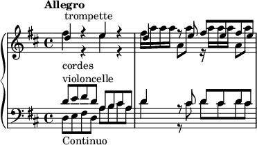  
\version "2.18.2"
\header {
  tagline = ##f
}
upper = \relative c'' {
  \clef treble 
  \key d \major
  \time 4/4
  \tempo "Allegro"
  \tempo 4 = 92
  %\override TupletBracket.bracket-visibility = ##f

   %% Scarlatti — Dixit Dominus [I] incipit
   << { d4^\markup{trompette} r4 e4 r4 | d4 r8 e8 fis e fis e } \\ { fis4_\markup{cordes} r4 e4 r4 fis16 a a a a,8 a' r16 a16 a a a,8 a'  } >>

}

lower = \relative c' {
  \clef bass
  \key d \major
  \time 4/4

   << { d8^\markup{violoncelle} e fis d a b cis a | d4 r8 cis8 d cis d cis } \\ { d,8_\markup{Continuo} e fis d a' b cis a | d4 r8 cis8 d cis d cis } >>
}

\score {
  \new PianoStaff <<
    \new Staff = "upper" \upper
    \new Staff = "lower" \lower
  >>
  \layout {
    #(layout-set-staff-size 17)
    \context {
      \Score
       \override SpacingSpanner.common-shortest-duration = #(ly:make-moment 1/2)
    }
  }
  \midi { }
}
