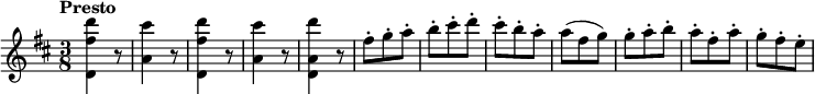 
\relative c''' { \set Score.tempoHideNote = ##t \tempo "Presto" 4=175 \key d \major \time 3/8
  <d fis, d,>4 r8 <cis a,>4 r8 <d fis, d,>4 r8 <cis a,>4 r8 <d a, d,>4 r8
  fis,8-. g-. a-. b-. cis-. d-. cis-. b-. a-. a( fis g)
  g-. a-. b-. a-. fis-. a-. g-. fis-. e-.
}
