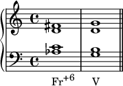 
    {
      \new PianoStaff <<
        \new Staff <<
            \relative c' {
                \clef treble \key c \major \time 4/4
                <d fis>1 <d g>
                }
            >>
        \new Staff <<
            \relative c' {
                \clef bass \key c \major \time 4/4
                <aes c>1_\markup { \concat { "Fr" \raise #1 \small "+6" \hspace #3.7 "V" } } 
                <g b> \bar "||"
                }
            >>
    >> }
