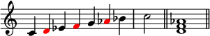 
{
\override Score.TimeSignature #'stencil = ##f
\relative c' { 
  \clef treble
  \time 7/4 c4 \once \override NoteHead.color = #red d es \once \override NoteHead.color = #red f g \once \override NoteHead.color = #red aes bes  \time 2/4 c2 \bar "||"
  \time 4/4 <d, f aes>1 \bar "||"
} }
