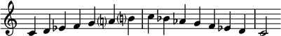  {
\override Score.TimeSignature #'stencil = ##f
\relative c' { 
  \clef treble \time 7/4
  c4^\markup {} d es f g a!? b!?
  c bes aes g f es d
  c2
  }
}