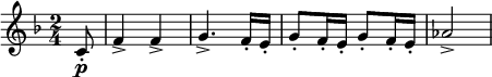  \relative c' { \clef treble \time 2/4 \key f \major \partial 8*1 c8-.\p | f4-> f-> | g4.-> f16-. e-. | g8-. f16-. e-. g8-. f16-. e-. | aes2-> } 