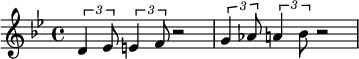 \relative c'
{\tempo 4 = 143 \set Score.tempoHideNote = ##t \key bes \major
\times 2/3 {d4 ees8} \times 2/3 {e4 f8} r2 \times 2/3 {g4 aes8} \times 2/3 {a4 bes8} r2
}