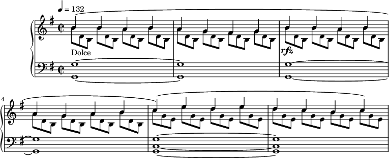 
\version "2.18.2"
\header {
  tagline = ##f
}
upper = \relative c'' {
  \clef treble 
  \key g \major
  \time 2/2
  \tempo 4 = 132
  \override TupletBracket.bracket-visibility = ##f

   %%Montgeroult — Étude 26 (pdf p. 70)
   << { b4(_\markup{Dolce} b a b a g fis4 g } \\ { \omit TupletNumber \times 2/3 { b8[ d, b] } \times 2/3 { b'[ d, b] } \times 2/3 { a'[ d, b] } | \times 2/3 { b'[ d, b] }
      \times 2/3 { a'[ d, b] } \times 2/3 { g'[ d b] }  \times 2/3 { fis'[ d b] } \times 2/3 { g'[ d b] } } >> 
   << { b'4\rfz b a b a g a b c)( e d e } \\ { \times 2/3 { b8[ d, b] } \times 2/3 {  b'[ d, b] } \times 2/3 { a'[ d, b] } \times 2/3 {  b'[ d, b] } \times 2/3 { a'[ d, b] } \times 2/3 { g' d b] } \times 2/3 { a'[ d, b] } \times 2/3 { b'[ d, b] } | \times 2/3 { c'[ g e] } \times 2/3 { e'[ g, e] } \times 2/3 { d'[ g, e] } \times 2/3 { e'[ g, e] } } >>
   << { d'4 c b c) } \\ { \times 2/3 { d8[ g, e] } \times 2/3 { c'[ g e] } \times 2/3 { b'[ g e] } \times 2/3 { c'[ g e] } } >>
  

}

lower = \relative c' {
  \clef bass
  \key g \major
  \time 2/2

   \repeat unfold 2 { < g g, >1~ q }
    < g c, g >~ q

}

  \header {
    piece = ""
  }

\score {
  \new PianoStaff <<
    \new Staff = "upper" \upper
    \new Staff = "lower" \lower
  >>
  \layout {
    \context {
      \Score
      
    }
  }
  \midi { }
}
