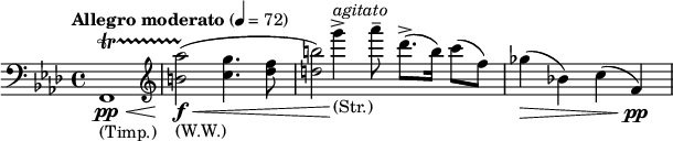 
\relative c \new Staff {
 \key f \minor \time 4/4 \tempo "Allegro moderato" 4=72
 \clef bass f,1\pp _\markup (Timp.) \< \startTrillSpan \clef treble 
 <aes''' b,>2\stopTrillSpan _\markup (W.W.) \f \< ( <g c,>4. <f des>8
 <b d,>2*1/8) s16\! g'4-> ^\markup \italic agitato _\markup (Str.) aes8-- des,8. -> ( b16) c8( f,)
 ges4( \> bes,!) c( f,) \pp
}
