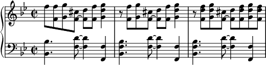 
    {
      \new PianoStaff <<
        \new Staff <<
            \relative c'' {
                \clef treble \key bes \major \time 2/2
                f8 <f, f'> <g g'> <f~ cis'> <f d'> <f f'> <g d' g>4 
                r8 <f f'> <g g'> <f~ cis'> <f d'> <f f'> <g d' g>4 
                r8 <f d' f> <g d' g> <f~ cis'> <f d'> <f d' f> <g d' g> <f d' f> 
                }
            >>
        \new Staff <<
            \relative c {
                \clef bass \key bes \major \time 2/2
                <bes bes'>4. <f' d'>8~ <f d'>4 <f, f'>4
                <bes f' bes>4. <f' d'>8~ <f d'>4 <f, f'>4
                <bes f' bes>4. <f' d'>8~ <f d'>4 <f, f'>4
                }
            >>
    >> }
