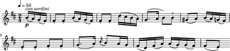 
\relative c'' {
    \version "2.18.2"
    \key d \major
    \time 2/4
    \tempo 4 = 50	
    \tempo "Andantino grazioso"
    \partial 4  b16\p^\markup {\italic {con sordini}}  (a) g (fis)
    fis8-. fis-. b16 (a) g (fis)
    fis8-. fis-. d'16 (cis b a)
    g8. (a16 b8) b-!
    gis8 (a) b16 (a) g (fis)
    e8-. e-. fis-. fis-.
    g8. (a16)   \grace cis16 (b8) a16 g
    fis16 (d) fis (a) a (g) g (fis)
    fis8 (e)
  }
