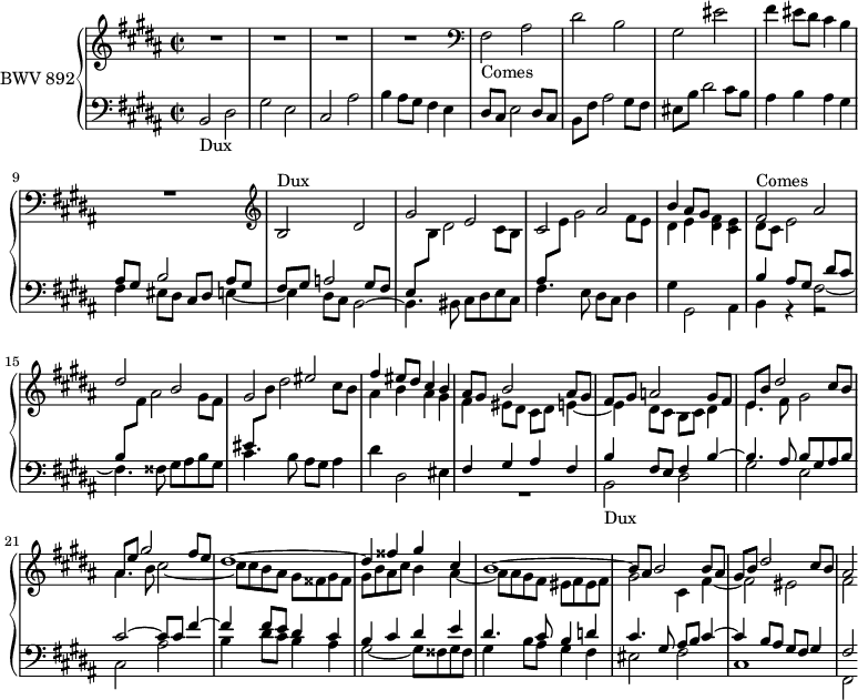 
\version "2.18.2"
\header {
  tagline = ##f
}

Dux         = { s8*0-\markup{Dux} b2 dis gis e cis ais' b4 }
Comes       = { s8*0-\markup{Comes} fis2 ais dis b gis eis' }
ContreSujet = { dis8 cis e2 dis8 cis b fis' ais2 gis8 fis eis b' dis2 cis8 b ais4 }

upper = \relative c' {
  \clef treble 
  \key b \major
  \time 2/2
  \tempo 2 = 63
  \set Staff.midiInstrument = #"harpsichord" 

   %% FUGUE CBT II-23, BWV 892, si majeur
   
   R1*4 \clef bass \relative c { \Comes } 
   << { s1 R1 \clef treble \Dux ais8 gis s2 | \Comes fis4 eis8 dis cis4 b ais8 gis b2 ais8 gis fis gis a2 gis8 fis | \mergeDifferentlyDottedOn e b' dis2 cis8 b | ais e' gis2 fis8 e | dis1~ dis4 fisis gis cis, b1~ b8 ais b2 b8 ais | gis b dis2 cis8 b | ais2 } \\ { \clef bass \crossStaff \relative c' { fis4 eis8 dis cis4 b } \stemUp \change Staff = "lower" ais,8 gis b2 ais8 gis fis gis a2 gis8 fis e \stemDown \change Staff = "upper" b' dis2 cis8 b \stemUp \change Staff = "lower" ais8 \stemDown \change Staff = "upper" e'8 gis2 fis8 e | dis4 e < fis dis >4 < e cis > dis8 cis e2 \stemUp \change Staff = "lower" dis8 cis | b \stemDown \change Staff = "upper" fis' ais2 gis8 fis \stemUp \change Staff = "lower" eis  \stemDown \change Staff = "upper" b' dis2 cis8 b | ais4 b ais gis | fis eis8 dis cis dis e4~ e dis8 cis b cis dis4 | e4. fis8 gis2 | ais4. b8 cis2~ | cis8 cis b ais gis fisis gis fisis gis b ais cis b4 ais~ ais8 | ais gis fis eis fis eis fis | gis2 cis,4 fis~ | fis2 eis | fis } >>
}

lower = \relative c {
  \clef bass 
  \key b \major
  \time 2/2
  \set Staff.midiInstrument = #"harpsichord" 
    
   \Dux ais8 gis fis4 e \ContreSujet  b4 ais gis | fis eis8 dis cis dis e4_~ | e \stemDown dis8 cis b2~ | b4. bis8  cis dis e cis | fis4. e8 dis cis dis4
   %% ms. 13
   gis4 gis,2 ais4 | 
   << { b'4 ais8 gis } \\ { s2 fis2~ fis4. fisis8 gis ais b gis } \\ { \stemDown b,4 g4\rest g2\rest } >>
   cis'4. b8 ais gis ais4 | dis4 dis,2 eis4

   %% ms. 18
   << { fis4 gis ais fis | b fis8 e fis4 b~ b4. ais8 b gis ais b | cis2~ cis8 cis fis4~ fis fis8 e dis4 cis b cis dis e | dis4. cis8 b4 d | cis4. gis8 ais b cis4~ cis b8 ais gis fis gis4 | fis2 } \\ { R1 \relative c { \Dux } dis'8 cis b4 ais | gis2~ gis8 fisis gis fisis | gis4 b8 ais gis4 fis eis2 fis cis1 | fis,2 } >>
    
} 

\score {
  \new PianoStaff <<
    \set PianoStaff.instrumentName = #"BWV 892"
    \new Staff = "upper" \upper
    \new Staff = "lower" \lower
  >>
  \layout {
    \context {
     \Score
     \remove "Metronome_mark_engraver"
     \override SpacingSpanner.common-shortest-duration = #(ly:make-moment 1/2)
    }
  }
  \midi { }
}
