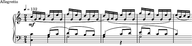 
\version "2.18.2"
\header {
  tagline = ##f
}
upper = \relative c'' {
  \clef treble 
  \key c \major
  \time 2/4
  \tempo 4 = 132
  \override TupletBracket.bracket-visibility = ##f

   %%Montgeroult — Étude 7 (pdf p. 26)
   c16(\mf g a g \stemUp d' g, e' g, | f' g, e' g,  d' g, d' g, d') g,( a g e' g, f' g, g' g, f' g, e' g, e' g,) e'( c d c)

}

lower = \relative c' {
  \clef bass
  \key c \major
  \time 2/4

  < c c, >4 << { b8( c d)( c b b) b4( c8 d) e( d c c c4) } \\ { g4 g2 g4 r4 g2  } >>

}

  \header {
    piece = "Allegretto"
  }

\score {
  \new PianoStaff <<
    \new Staff = "upper" \upper
    \new Staff = "lower" \lower
  >>
  \layout {
    \context {
      \Score
      
    }
  }
  \midi { }
}
