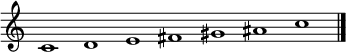 
{
  \override Staff.TimeSignature #'stencil = ##f 
  \cadenzaOn
  \relative c' { 
    \clef treble c1 d e fis gis ais c }
  \cadenzaOff
  \bar "|."
}
