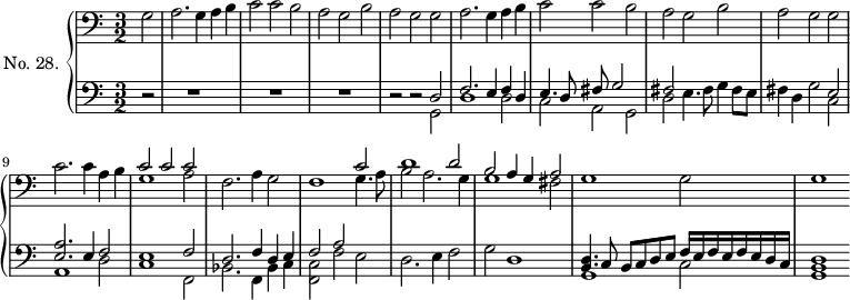 
\version "2.14.2"
\header {
  tagline = ##f
}
upper = \relative c' {
  \clef bass 
  \key a \minor
  \time 3/2
  \tempo 2 = 76
  \autoBeamOff

  \partial 1 g2 a2. | g4 a b | c2 c b | a g b a g g |
  a2. g4 a b | c2 c b | a g b | a { \tag #'print g2 \tag #'midi r2 } g2 c2. c4 a b |
  << { c2 c c } \\ { g1 a2 } >>
  f2. a4 g2 |
  << { f1 c'2 } \\ { s2 s2 g4. a8 } >>
  << { d1 d2 } \\ { b2 a2. g4 } >>
  << { b2 a4 g a2 } \\ { g1 fis2 } >>
  g1 g2 | g1

}

lower = \relative c {
  \clef bass
  \key a \minor
  \time 3/2

  \partial 2 r2 | s2 r1 s2 r1 s2 r1 r2 r2
  << { d2 } \\ { g,2 } >>
  << { f'2. e4 f d } \\ { d1 d2 } >>
  << { e4. d8 fis g2 } \\ { c,2 a g } >>
  << { fis'2 } \\ { d2 e4. fis8 g4 fis8 e8 } >>

  << { s2 s2 e2 } \\ { fis4 d g2 c, } >>
  << { << a'2. e2. >> e4 f2 } \\ { a,1 d2 } >>
  << { e1 f2 } \\ { c1 f,2 } >>

  << { d'2. f4 d e } \\ { bes2. f4 bes4 c } >>
  << { { \tag #'print f2 \tag #'midi r2 } a } \\ { << c,2 f,2 >> f' e } >>
  << {  } \\ { d2. e4 f2 } >>
  << {  } \\ { { \tag #'print g2 \tag #'midi r2 } d1 } >>
  << { << d4. b4. >> c8 b c d e f16 e f e f e d c } \\ { g1 c2 } >>
  << d1 b g >>

}

thePianoStaff = \new PianoStaff <<
    \set PianoStaff.instrumentName = #"No. 28."
    \new Staff = "upper" \upper
    \new Staff = "lower" \lower
  >>

\score {
  \keepWithTag #'print \thePianoStaff
  \layout {
      #(layout-set-staff-size 17)
    \context {
      \Score
     \override TupletBracket.bracket-visibility = ##f
     \override SpacingSpanner.common-shortest-duration = #(ly:make-moment 1/2)
      \remove "Metronome_mark_engraver"
    }
  }
}
\score {
  \keepWithTag #'midi \thePianoStaff
  \midi { \set Staff.midiInstrument = #"harpsichord" }
}
