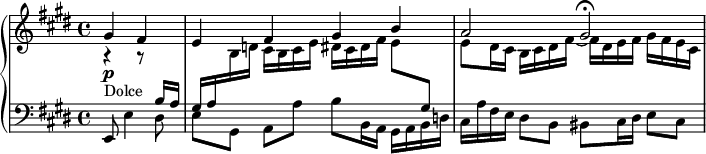 
\version "2.18.2"
\header {
  tagline = ##f
}
upper = \relative c'' {
  \clef treble 
  \key e \major
  \time 4/4
  \tempo 4 = 62
  %\autoBeamOff

   %%Brahms — Prélude de choral op. 122 n° 5 (pdf p. 28 : http://imslp.nl/imglnks/usimg/f/f2/IMSLP23166-PMLP10554-BraWV,_S._491.pdf)
   \partial 2
   << { gis4\p_\markup{Dolce} fis e fis gis b a2 gis2\fermata } \\ { r4 r8 \stemUp \change Staff = "lower" b,16 a gis a \change Staff = "upper" \stemDown b d! cis b cis e dis cis dis fis e8 \stemUp \change Staff = "lower" gis,8 \stemDown \change Staff = "upper" e'8 dis16 cis b cis dis fis~ fis dis e fis gis fis e cis } >>   

}

lower = \relative c {
  \clef bass
  \key e \major
  \time 4/4

   e,8 e'4 dis8 | \stemDown e8[ gis,] a[  a'] b b,16 a gis a b d! cis a' fis e dis8 b bis cis16 dis e8 cis
   
}

  \header {
    piece = ""
  }

\score {
  \new PianoStaff <<
    \new Staff = "upper" \upper
    \new Staff = "lower" \lower
  >>
  \layout {
    \context {
      \Score
      \remove "Metronome_mark_engraver"
    }
  }
  \midi { }
}
