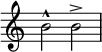  {
\override Score.TimeSignature #'stencil = ##f    \relative c'' {
        b2-^ b->
    }

}