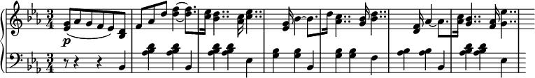 
 \relative c' {
  \new PianoStaff <<
   \new Staff { \key c \minor \time 3/4
    \tempo \markup {
     \column {
 }
   }
      <ees g>8( aes g f ees) | <bes d> f' aes d <d f>4~ <d f>8.[ <c ees>16] <bes d>4.. <aes c>16 <c ees>4.. <ees, g>16 bes'4~ bes8.[ d16] <aes c>4.. <g bes>16 <bes d>4.. <d, f>16 aes'4~ aes8.[ <aes c>16] <g bes>4.. <f aes>16 <g ees'>4..
   }
   \new Dynamics {
    s\p
      }
   \new Staff { \key c \minor \time 3/4 \clef bass
      r8 r4 r bes,, <aes' bes d> <aes bes d> bes, <aes' bes d> <aes bes d> ees <g bes> <g bes> bes, <g' bes> <g bes> f <aes bes> <aes bes> bes, <aes' bes d> <aes bes d> ees
   }
  >>
 }
