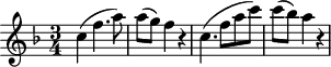 
\version "2.18.2"
\header {
  tagline = ##f
  % composer = "Mozart"
  % opus = "K. 622"
  % meter = "Adagio"
}

\score {
<<
  \relative c'' {
    \key f \major
    \time 3/4
    \override TupletBracket #'bracket-visibility = ##f 
    %\autoBeamOff

     %%%%%% K622
     c4( f4. a8) a8( g) f4 r4 c4.( f8 a c) c( bes) a4 r4 

  }
>>
  \layout {
     #(layout-set-staff-size 17)
     \context { \Score \remove "Metronome_mark_engraver" 
     \override SpacingSpanner.common-shortest-duration = #(ly:make-moment 1/2)
     }
  }
  \midi { \set Staff.midiInstrument = #"clarinet" }
}
