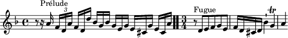 
\version "2.18.2"
\header {
  tagline = ##f
}

\score {
  \new Staff \with {
%fontSize = #-2
  }
<<
  \relative c'' {
    \key d \minor
    \time 4/4

     %% INCIPIT CBT I-6, BWV 851, ré mineur 
     r8 r16^\markup{Prélude} a16 \tuplet 3/2 { f16[ d a'] } \omit TupletNumber \tuplet 3/2 { f16 d d' } \tuplet 3/2 { bes16[ g bes] } \tuplet 3/2 { g e g } \tuplet 3/2 { e[ cis g'] } \tuplet 3/2 { e cis a' }  \bar ".."
     \time 3/4 
     r8^\markup{Fugue} d,8 e f g e f16 d cis d bes'4-! g\trill a4~ 
  }
>>
  \layout {
     \context { \Score \remove "Metronome_mark_engraver" 
     \override SpacingSpanner.common-shortest-duration = #(ly:make-moment 1/2) 
}
  }
  \midi {}
}
