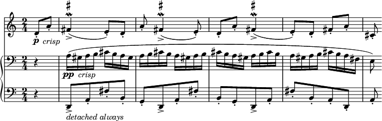   <<
    \new Staff \relative c' {
    \set Score.tempoHideNote = ##t
    \numericTimeSignature
    \tempo 4 = 160
    \set Staff.midiInstrument = #"alto sax"
    \time 2/4 
    \partial 4 
    d8-.\p-\markup { \halign #-2 \lower #3 \italic "crisp"} a'-. fis4->\mordent^\markup { \sharp } (e8-.) d-. a'-. fis4->\mordent^\markup { \sharp }  (e8-.) d-. a'-. fis4->\mordent^\markup { \sharp }  (e8-.) d-. fis-. a-. cis,-.  
 } 
    \new GrandStaff <<
    \new Staff = "a" \relative c' {
    \set Staff.midiInstrument = #"piano"
    \clef bass
    r4 a16\pp-\markup { \halign #-2.4 \italic "crisp"} (gis a b cis b a gis a b cis b a gis a b cis b a gis a b cis b a gis a b cis b a fis e8)
 }
    \new Staff = "b" \relative c, {
    \set Staff.midiInstrument = #"piano"
    \clef bass
    r4 d8->-\markup {\italic "detached always"} [a'-. fis'-. b,-.] g-. [d8-> a'-. fis'-.] b,-. [g-.  d8-> a'-.] fis'-. [b,-. a-. d,-.] a'-.
 }
 >>
>>
