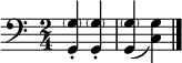 
\relative {\clef bass \time 2/4
   <g, \parenthesize g'>-. <g \parenthesize g'>-. |<g \parenthesize g'>_( <g' c,>) \bar "|."
}
