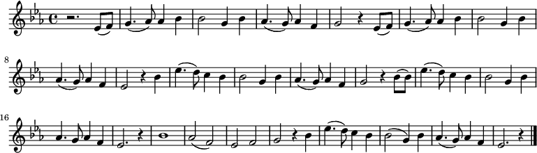 
\relative c' {
\new PianoStaff <<
\new Staff { \key es \major \time 4/4 \set Staff.midiInstrument = #"violin"
r2. ees8( f)| g4.( aes8) aes4 bes4| bes2 g4 bes4| aes4.( g8) aes4 f4| g2 r4 ees8( f)|
g4.( aes8) aes4 bes4| bes2 g4 bes4| aes4.( g8) aes4 f4| ees2 r4 bes'4| 
ees4.( d8) c4 bes4| bes2 g4 bes4| aes4.( g8) aes4 f4| g2 r4 bes8( bes)|
ees4. (d8) c4 bes4| bes2 g4 bes4| aes4. g8 aes4 f4| ees2. r4|
bes'1| aes2( f)| ees2 f2| g2 r4 bes4| ees4.( d8) c4 bes4| bes2( g4) bes4| aes4.( g8) aes4 f4| ees2. r4 \bar "|."
}
>>
}
