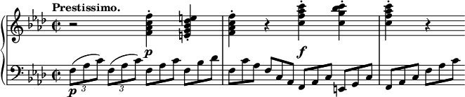 
 \relative c' {
  \new PianoStaff <<
   \new Staff { \key f \minor \time 2/2 \tempo "Prestissimo."
    r2 <f' c aes f>4-. <e des bes g e>-.
    <f c aes f>-. r  <c' aes f c>-. <c bes g c,>-. <c aes f c>-. r
   }
   \new Dynamics {
    s2 s\p s s\f
   }
   \new Staff { \key f \minor \time 2/2 \clef bass
    \times 2/3 { f,,,8_\p[( aes c)] } \times 2/3 { f,( aes c) } f,8*2/3[ aes c] f, bes des
    f,[ c' aes] f c aes f[ aes c] e, g c f,[ aes c] f aes c
   }
  >>
 }
