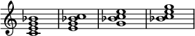 \new Staff \with { \remove "Time_signature_engraver" } {
< c' e' g' bes' >1
< e' g' bes' c'' >1
< g' bes' c'' e'' >1
< bes' c'' e'' g'' >1 }