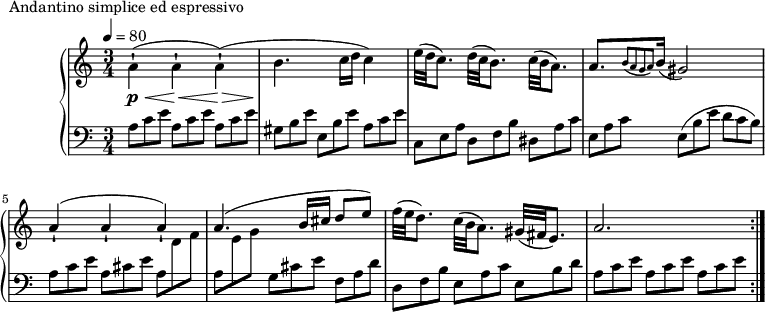 
\version "2.18.2"
\header {
  tagline = ##f
}
upper = \relative c'' {
  \clef treble 
  \key a \minor
  \time 3/4
  \tempo 4 = 80
  \override TupletBracket.bracket-visibility = ##f

   %%Montgeroult — Étude 8 (pdf p. 30)
   \stemDown a4-!\<\!\p^( a-!\<\! a-!\>)( b4.\! c16 d c4) \stemNeutral
   e32( d c8.) d32( c b8.) c32( b a8.)
   a8.[ \grace { b8( a g a) } b16]( gis2) a4-!\<\!^( a-!\<\! a-!\<\!) a4.^(\< \stemUp b16 cis d8 e) \stemNeutral f32( e d8.) c32( b a8.) gis32( fis e8.) a2. \bar ":|."

}

lower = \relative c' {
  \clef bass
  \key a \minor
  \time 3/4

   \omit TupletNumber \repeat unfold 3 { \times 2/3 { a8 c e } }
   \times 2/3 { gis,8 b e } \times 2/3 { e, b' e } \times 2/3 { a, c e }
   \times 2/3 { c,8 e a } \times 2/3 { d, f b } \times 2/3 { dis, a' c }
   \times 2/3 { e,8 a c } \times 2/3 { e,( b' e } \times 2/3 { d c b) }
   \times 2/3 { a8 c e } \times 2/3 { a,8 cis e } \stemDown \times 2/3 { a,8 \change Staff = "upper" d f } 
   \change Staff = "lower" \times 2/3 { a,8 \change Staff = "upper" e' g } 
   \change Staff = "lower" \times 2/3 { g,8 cis e } 
   \times 2/3 { f, a d } 
   \times 2/3 { d, f b } \times 2/3 { e, a c } \times 2/3 { e, b' d } 
   \repeat unfold 3 { \times 2/3 { a8 c e } }
}

  \header {
    piece = "Andantino simplice ed espressivo"
  }

\score {
  \new PianoStaff <<
    \new Staff = "upper" \upper
    \new Staff = "lower" \lower
  >>
  \layout {
    \context {
      \Score
      
    }
  }
  \midi { }
}
