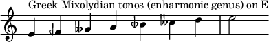  {
\override Score.TimeSignature #'stencil = ##f
\relative c' { 
  \clef treble \time 7/4
  e4^\markup { Greek Mixolydian tonos (enharmonic genus) on E } feh geses a beseh ceses d e2
} }
