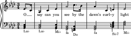 
\new GrandStaff <<
  \new Staff \with { midiInstrument = "piano" \magnifyStaff #5/7 }
  \transpose bes as {
    {
      \override Score.NonMusicalPaperColumn.padding = #1
      \tempo 4 = 104
      \time 3/4
      \key bes \major
      \set Score.tempoHideNote = ##t
      \relative bes' {
      \partial 4 f8. d16 bes4 d f bes2 d8. c16 bes4 d, e f2
      }
    }
  }
  \addlyrics {
    \override LyricText.font-size = #-2
     O __ _ say can you see by the dawn’s earl -- y light
  }
  \new Staff \with { midiInstrument = "piano" \magnifyStaff #5/7 }
  \transpose bes as {
    \clef bass
    \key bes \major
    \relative bes, {
     <bes d f>4-"La♭" <bes d f>2-"La♭" <a c f>4-"Mi♭" <g bes d>2-"fa" <fis a d>4-"Do" <g bes d>2-"fa" <c e g bes>4-"Si♭7" <f a c>2-"Mi♭"
    }
  }
>>
