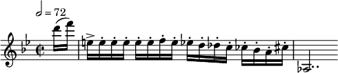 
  \relative c'' { \clef treble \time 2/2 \key bes \major \tempo 2 = 72 \partial 8*1 d'16( f) | e,->[ e-. e-. e-.] e-.[ e-. f-. e-.] ees-.[ d-. des-. c-.] ces-.[ bes-. a-. cis-.] | aes,2.. }
