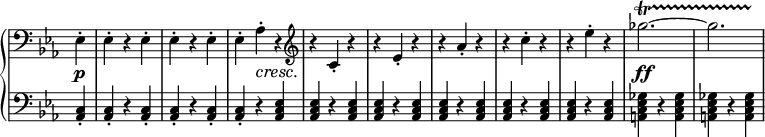 
 \relative c' {
  \new PianoStaff <<
   \new Staff \with { \remove "Time_signature_engraver" } { \key c \minor \time 3/4 \partial 4 \clef bass
    es,4-. es-. r es-. es-. r es-. es-. aes-. r \clef treble
    r c-. r r es-. r r aes-. r r c-. r r es-. r ges2.~\startTrillSpan << ges { s2 s8 s\stopTrillSpan } >>
   }
   \new Dynamics {
    s4\p s2. s s4 s4\cresc s\! s2. s s s s s\ff
   }
   \new Staff \with { \remove "Time_signature_engraver" } { \key c \minor \time 3/4 \clef bass \partial 4
    <c,,, aes>4-. <c aes>-. r <c aes>-. <c aes>-. r <c aes>-. <c aes>-. r <es c aes>
    <es c aes> r <es c aes> <es c aes> r <es c aes> <es c aes> r <es c aes>
    <es c aes> r <es c aes> <es c aes> r <es c aes> <ges es c a> r <ges es c a> <ges es c a> r <ges es c a>
   }
  >>
 }
