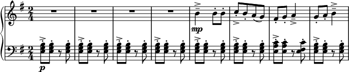 
 { \new PianoStaff <<
    \new Staff = "RH" \relative c'' { \clef treble \key e \minor  \time 2/4
       R2 R2 R2 R2 
       b4-\mp---> b8-.[ b8-.] | [ c-.-> b-. a( g) ] fis8-. g-. a4---> g8-. a-. b4--->|}
    \new Staff = "LH" \relative c' { \clef bass \key e \minor  \time 2/4 
       <b g e>8-\p-.-> <b g e>-. r <b g e>-. |<b g e>8-.-> <b g e>-. r <b g e>-. |
       <b g e>8-.-> <b g e>-. r <b g e>-. |<b g e>8-.-> <b g e>-. r <b g e>-. |
       <b g e>8-.-> <b g e>-. r <b g e>-. |<b g e>8-.-> <b g e>-. r <b g e>-. |
       <c a e>8-.-> <c a e>-. r <c fis, e>-. | <b g e>8-.-> <b g e>-. r <b g e>-. |}
   >> }
