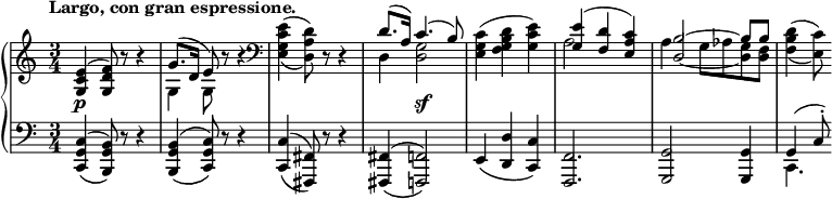 
 \relative c' {
  \new PianoStaff <<
   \new Staff { \key c \major \time 3/4 \tempo "Largo, con gran espressione."
    <<
     {
      <e c g>( <f d g,>8) b8\rest b4\rest g8.( d16 e8) b'8\rest b4\rest \clef bass
      \stemDown <e, c g e>4( _\( <d a d,>8) \) d,8\rest d4\rest \stemUp d'8.( a16) c4.( b8)
      \stemDown <c g e>4( <d b g f> <e c g>) \stemUp <e g,>( <d f,> <c a e>)]
      s32 b2*15/16~ b8 b \stemDown <d b f>4( _\( <c e,>8) \)
     }
    \\
     {
      \set tieWaitForNote = ##t
      s2. s s s s s \stemUp s32 d,2*7/16~ \stemDown g8 aes <g d> <f d>
     }
    \\
     { \stemDown s2. g4 g8 s4. s2. d4 <g d>2 s2. a2 s4 a4 }
    >>
   }
   \new Dynamics {
    s2.\p s s s4 s2\sf
   }
   \new Staff { \key c \major \time 3/4 \clef bass
    <<
     {
      <c, g c,>4( _\( <b g b,>8) \) d\rest d4\rest <b g b,>4( _\( <c g c,>8) \) d\rest d4\rest
      <c c,>4( _\( <fis, fis,>8) \) d'\rest d4\rest <fis, fis,>( _\( <f f,>2) \)
      e4_\( <d' d,> <c c,> \) <f, f,>2. <g g,>2 <g g,>4 g4( c8-.)
     }
    \\
     { s2. s s s s s s c,4. }
    >>
   }
  >>
 }
