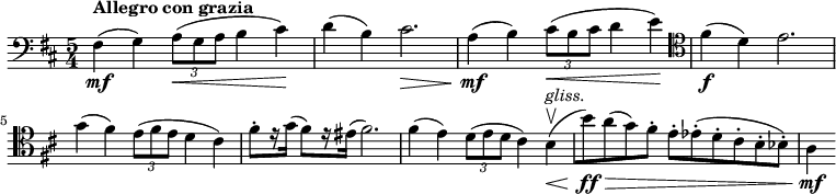 
    \relative c {
        \set Score.tempoHideNote = ##t \tempo 4 = 144
        \set Staff.midiInstrument = #"cello"
        \clef bass
        \key d \major
        \time 5/4
        fis4\mf(^\markup { \bold { Allegro con grazia } }
        g) \tuplet 3/2 { a8(\< g a } b4 cis)\!
        d( b) cis2.\>
        a4(\mf b) \tuplet 3/2 { cis8(\< b cis } d4 e)\!
        \clef tenor
        fis(\f d) e2. \break
        g4( fis) \tuplet 3/2 { e8( fis e } d4 cis)
        fis8-. [ r16 g( ] fis8) [ r16 eis( ] fis2.)
        fis4( e) \tuplet 3/2 { d8( e d } cis4) b\upbow(\<^\markup { \italic gliss. }
        [ b'8)\ff\> a( g) fis-. ] e-. [ es-.( d-. cis-. b-. bes-.) ]
        a4\mf
}
