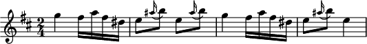 
\header {
  tagline = ##f
}

\score {
  \new Staff \with {

  }
<<
  \relative c''' {
    \key d \major
    \time 2/4
    \tempo 4 = 140
    \tempo "Allegro assai"
    \override TupletBracket #'bracket-visibility = ##f 
    \autoBeamOff

     %%%%%%%%%%%%%%%%%%%%%%%%%% Hob:XVIII,11 Rondo
     g4 fis16[ a fis dis] e8[ \grace ais16( b8)] e,8[ \grace ais16( b8)] g4 fis16[ a fis dis] e8[ \grace ais16( b8)] e,4

  }
>>
  \layout {
    \context { \Staff \RemoveEmptyStaves }
     \context { \Score \remove "Metronome_mark_engraver" }
   
  }
  \midi {}
}
