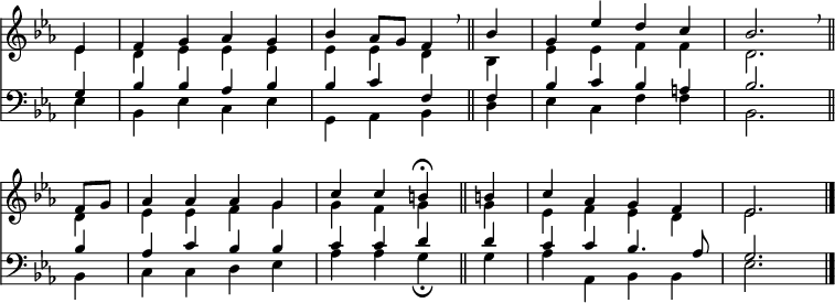 
<< <<
\new Staff { \clef treble \time 4/4 \partial 4 \key es \major \set Staff.midiInstrument = "flute" \omit Staff.TimeSignature \set Score.tempoHideNote = ##t \override Score.BarNumber  #'transparent = ##t
  \relative c'
  << { es4 | f g as g | bes as8 g f4 \breathe \bar"||" bes | g es' d c | bes2. \breathe \bar"||" \break
  f8 g | as4 as as g | c c b\fermata \bar"||" b! | c as g f | es2. \bar"|." } \\
  { es4 | d es es es | es es d bes | es es f f | d2.
  d4 | es es f g | g f g g | es f es d | es2. } >>
}
\new Staff { \clef bass \key es \major \set Staff.midiInstrument = "flute" \omit Staff.TimeSignature
  \relative c'
  << { g4 | bes bes as bes | bes c f, f | bes c bes a | bes2.
  bes4 | as c bes bes | c c d d | c c bes4. as8 | g2. } \\
  { es4 | bes es c es | g, as bes d | es c f f | bes,2.
  bes4 | c c d es | as as g\fermata g | as as, bes bes | es2. } >>
}
>> >>
\layout { indent = #0 }
\midi { \tempo 4 = 88 }
