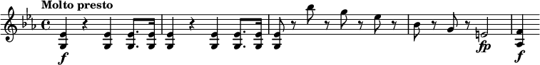 
\relative c' {
  \tempo "Molto presto"
  \key es \major
  <es g,>4\f r q q8. q16 |
  q4 r q q8. q16 |
  q8 r bes'' r g r es r |
  bes8 r g r e2\fp |
  <f as,>4\f
}
