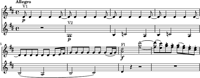 
<<
\new Staff   \relative c'' {
 \version "2.18.2"
 \clef "treble"
 \key d \major
 \time 4/4
 \tempo "Allegro"
 \tempo 8 = 200
 d,8 \p ^ \markup{V1} d4 d d d8 ~
 d8 d4 d d d8 ~
 d8 d4 d d d8 ~
 d8 d4 d d d8 ~
 d8 d d d d d d e16 fis
 g8 g g g g g g (fis16 g)
 <a d>2 \f ^ \markup{Fl} <fis' d'> ~
 <fis d'>8   (<e cis'>)  <g b-.>   <fis a-.>
  <fis a>  (<e g>)  <d fis-.>   <cis e-.>
}
\new Staff  \relative c' {
    \clef "treble"
    \key d \major
    \time 4/4
    R1 a1\p ^\markup {V2}
    b4 c!2 a4
    b4 c!2 a4
    b2 (a b cis)
    d4 r4 r2 R1
}
>>
