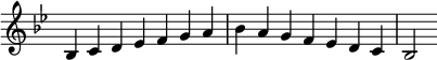   {
\omit Score.TimeSignature \relative c' {
  \key bes \major \time 7/4 bes c d es f g a bes a g f es d c bes2
} }
