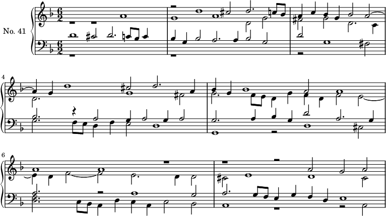 
\version "2.14.2"
\header {
  tagline = ##f
}
upper = \relative c' {
  \clef treble 
  \key f \major
  \time 6/2
  \tempo 2 = 68
  \autoBeamOff

    << {  } \\ { r1 r1 a'1 } >> 
    << { r2 d1 cis2 d2. c8 bes } \\ { g1 a d,2 g2 } >> 
  \once \override Staff.TimeSignature #'stencil = ##f
  \time 4/2
    << { a4 c bes g bes2 a2~ } \\ { fis2 g d2. c4 } >> 
  \once \override Staff.TimeSignature #'stencil = ##f
  \time 6/2
    << { a'4 g d'1 cis2 d2. a4 } \\ { d,2. s4 s2 g1 fis2 } >> 
    << { bes4 g bes1 a2 a1 } \\ { g2. f8e d4 g f d f2 e~ } >> 
    << { a1 a1 r1 } \\ { e4 d f2~ f2 e2. d4 d2 } >> 
    << { r1 r2 a'2 g a~ } \\ { cis,2 e1 d1 cis2 } >>

}

lower = \relative c {
  \clef bass
  \key f \major
  \time 6/2

    << { d'1 cis2 d2. c8 bes8 c4 } \\ { r1*3 } >> 
    << { bes4 g bes2 a2. a4 bes2 g } \\ { r1*3 } >> 
\once \override Staff.TimeSignature #'stencil = ##f
    << { d'2 } \\ { r2 g,1 fis2 } >> 
\once \override Staff.TimeSignature #'stencil = ##f
    << { bes2. r4 a2 g4 a2 g4 a2 } \\ { g2. f8 e d4 f e2 d1 } >> 
    << { g2. a4 bes g d'2 a2. g4 } \\ { g,1 r2 d'1 cis2 } >> 
    << { a'2.s4 r2 a1 g2 } \\ { << f2. d2. >> c8 bes8 a4 d c a c2 bes } >> 
    << { a'2. g8 f e4 g f d e1 } \\ { a,1 r1 r2 a2 } >>

}

\score {
  \new PianoStaff <<
    \set PianoStaff.instrumentName = #"No. 41"
    \new Staff = "upper" \upper
    \new Staff = "lower" \lower
  >>
  \layout {
    \context {
      \Score
      \remove "Metronome_mark_engraver"
    }
  }
  \midi { \set Staff.midiInstrument = #"church organ" }
}
