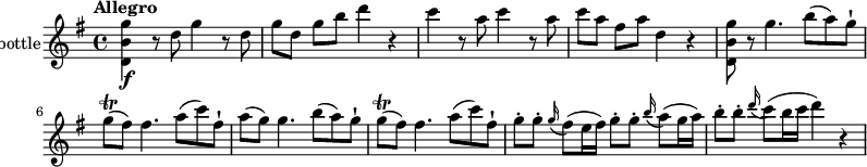 
\version "2.18.2"
\relative c'' {
\set Staff.instrumentName = #"blown bottle"
\set Staff.midiInstrument = "blown bottle"
\key g \major
  \time 4/4
  \tempo "Allegro"
   <d, b' g'>4\f r8 d' g4 r8d
  g[ d] g b d4 r
  c r8 a c4 r8 a
  c[ a] fis a d,4 r
  <d, b' g'>8 r g'4. b8 (a) g-!
  g\trill (fis) fis4. a8 (c) fis,-!
  a (g) g4. b8 (a) g-!
   g\trill (fis) fis4. a8 (c) fis,-!
   g-. g-. \grace g16 (fis8) (e16 fis) g8-. g-. \grace b16 (a8) (g16 a)
   b8-. b-. \grace d16 (c8) (b16 c d4) r4
}
\midi { }
